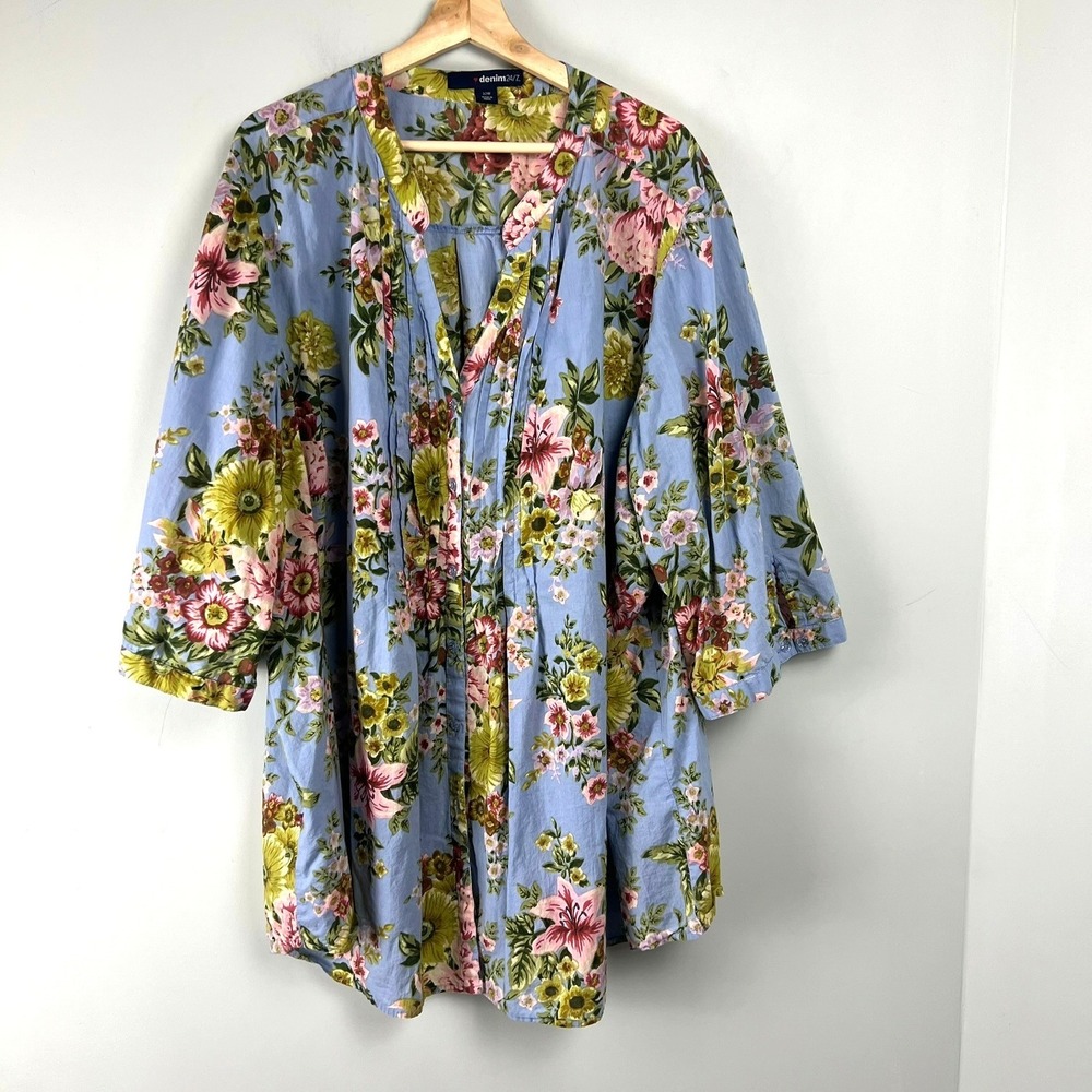 Denim 24/7 Womens 32W Floral Pintuck Blouse Blue Pink Cotton Roll Tab Breathable